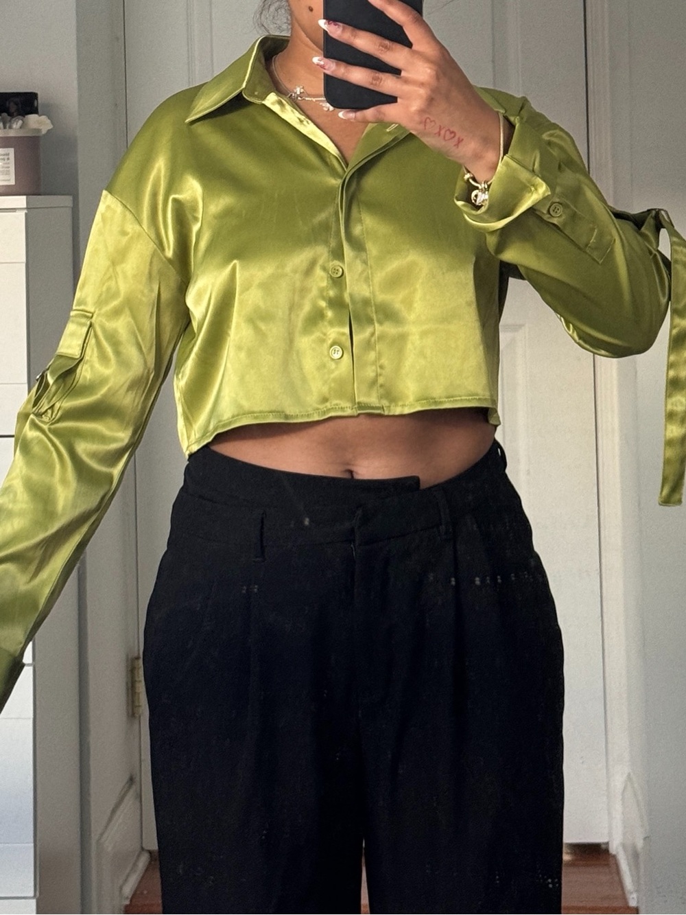 AKIRA Satin Cropped Button-Front Shirt in Olive